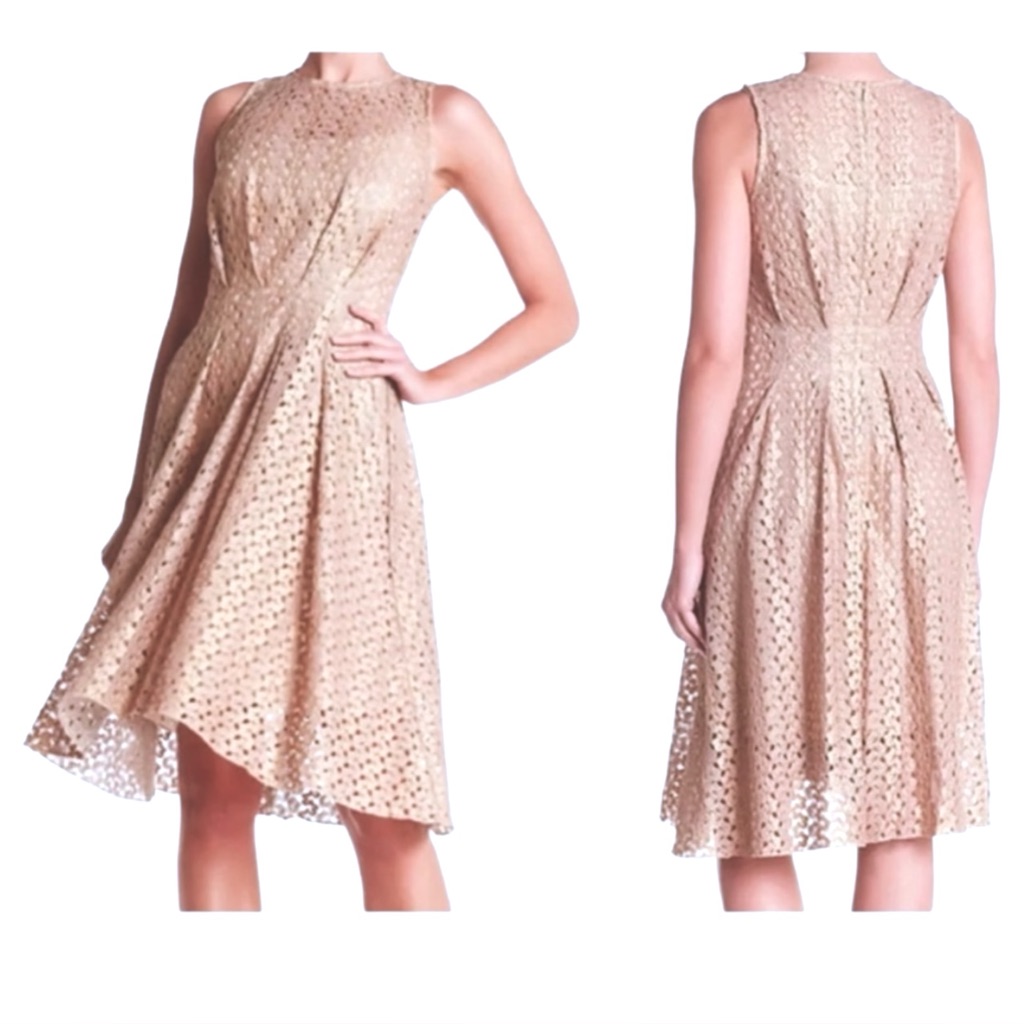 $336 Eva Franco Metallic Embroidered Dress 4 Small Nice Drape Gold Lace Overlay